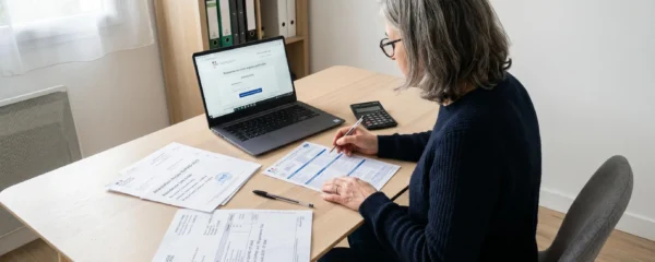 Adulte consultant des documents fiscaux français sur un bureau : formulaire 2042, attestation EHPAD et factures, avec ordinateur affichant le site impots.gouv.fr