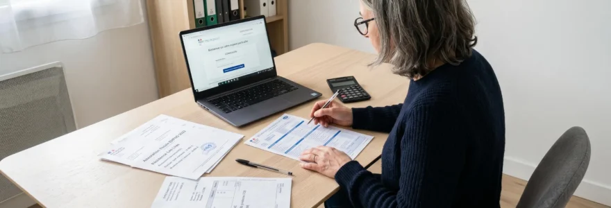 Adulte consultant des documents fiscaux français sur un bureau : formulaire 2042, attestation EHPAD et factures, avec ordinateur affichant le site impots.gouv.fr
